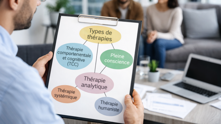 Psychologue présentant différentes approches thérapeutiques (TCC, pleine conscience, thérapie analytique) dans un contexte professionnel