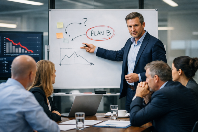 Manager présentant un plan d’action pour gérer une période de crise en entreprise