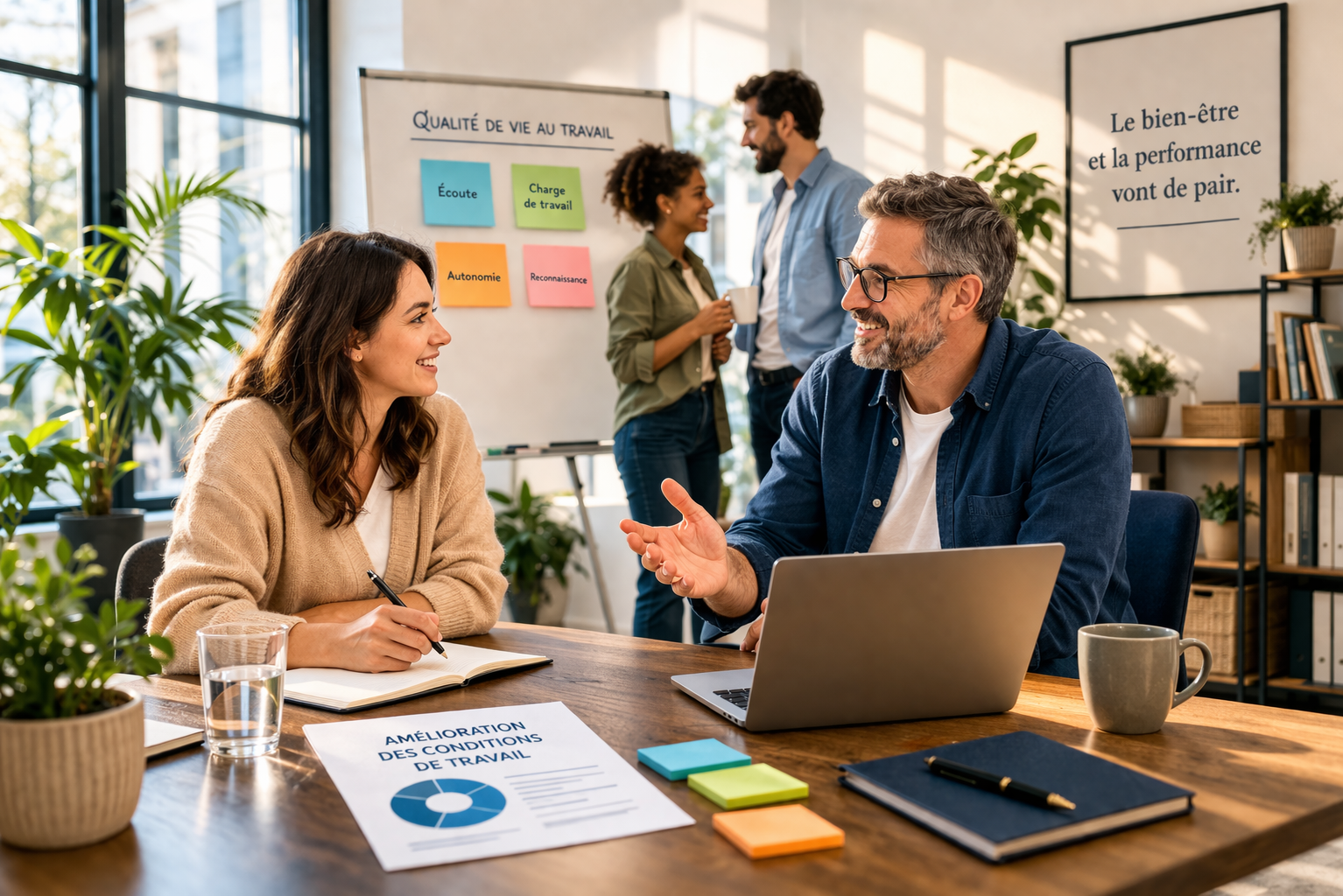 Amélioration des conditions de travail en entreprise : réunion et analyse en équipe