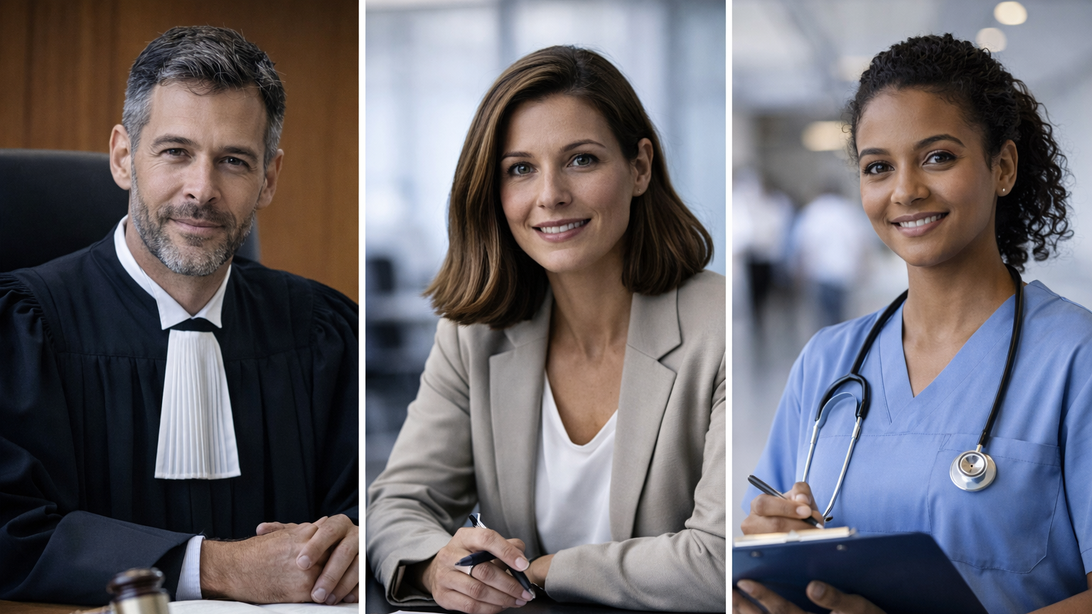 Magistrat, professionnelle en entreprise et soignante dans leur environnement de travail, illustrant l’exposition à la souffrance d’autrui