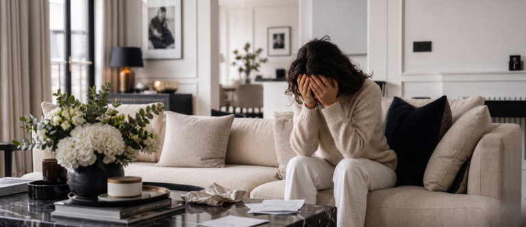 Femme assise sur un canapé, la tête dans les mains, illustrant la détresse intense d'un traumatisme psychique ou d'un trouble de stress post-traumatique (TSPT)
